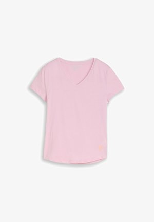 Light pink short-sleeve V-neck women's T-shirt with a small orange logo near the bottom hem on a white background.