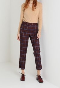 Pantaloni a quadri marroni con linee blu, taglio cropped, fessure laterali all'orlo. Indossati con un maglione beige a scollo a V e scarpe rosse con lacci.