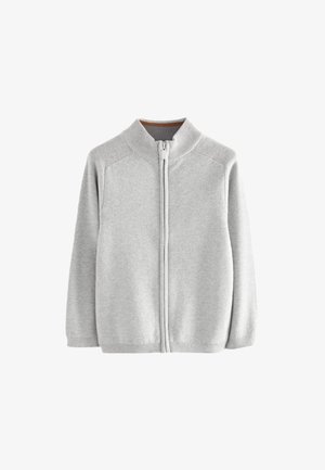 Pull en maille gris clair à manches longues, col montant côtelé et fermeture éclair frontale.