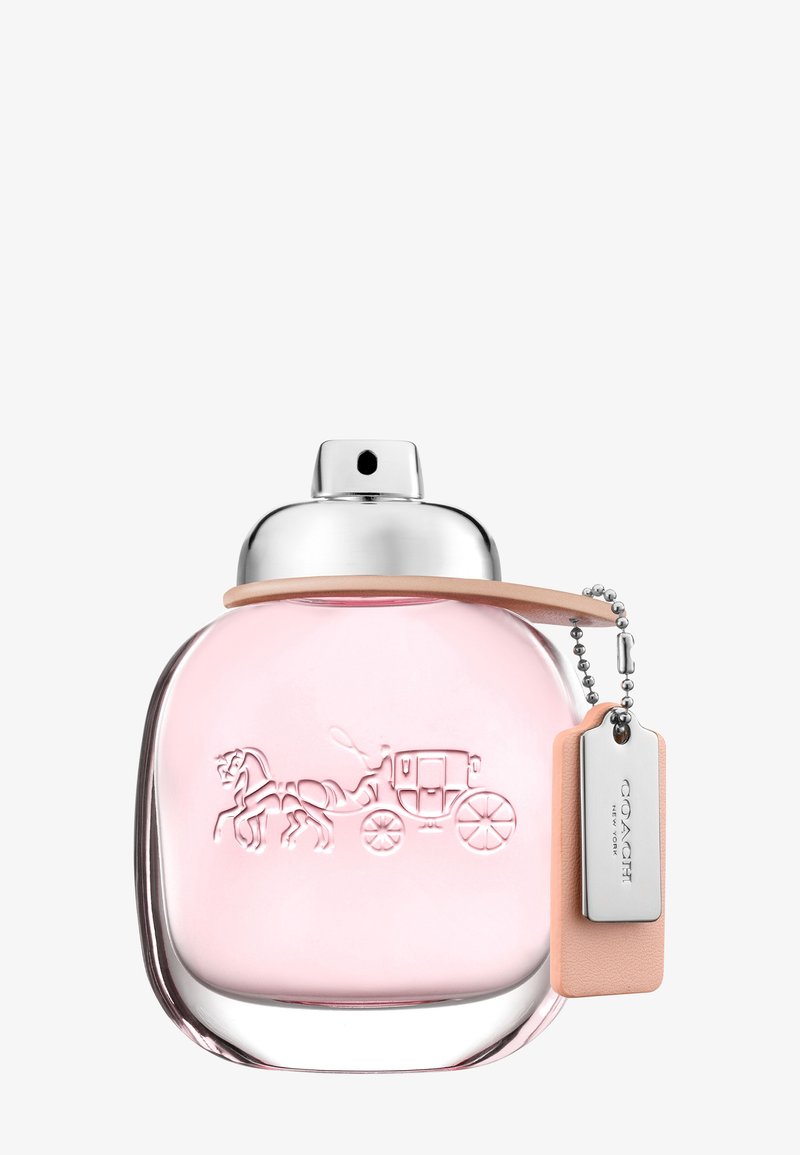 Klare rosa Glas-Parfümflasche mit silbernem Verschluss, geprägt mit einem Pferd-und-Kutsche-Design und einem pfirsichfarbenen Lederanhänger mit einer silbernen Kette.