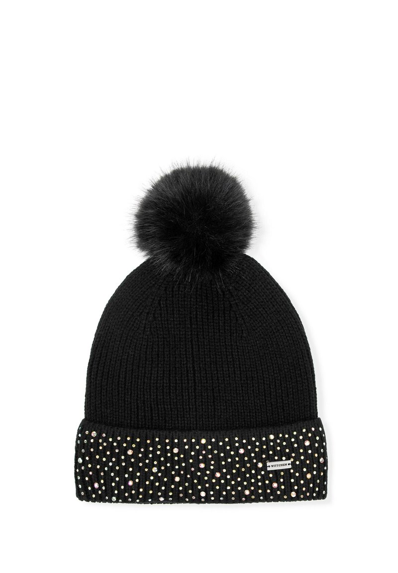 Cappello a cuffia nero lavorato a maglia con un pompon soffice sulla cima, caratterizzato da una fascia gioiello alla base con cristalli di diversi colori.