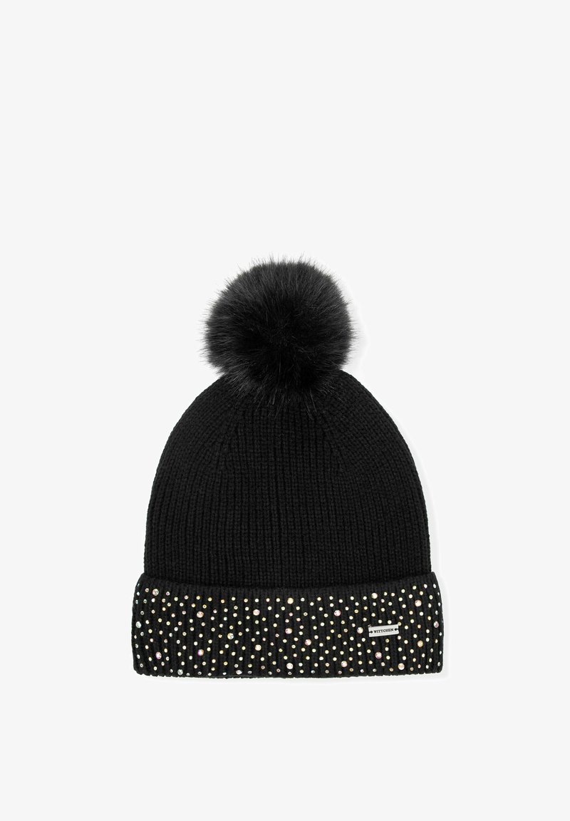 Cappello a cuffia nero lavorato a maglia con un pompon soffice sulla cima, caratterizzato da una fascia gioiello alla base con cristalli di diversi colori.