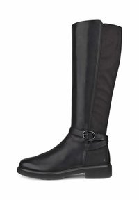 Stivale in pelle nero al ginocchio con tacco basso e fascia decorativa laterale con fibbia ovale in argento.