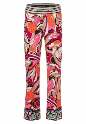 Colorful flared pants featuring a floral pattern in pink, orange, black, and beige. Elastic waistband labeled "THE FUTURE." Fabric appears smooth.