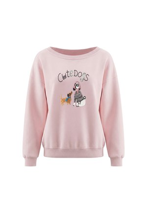Pink langærmet sweatshirt med broderet tekst "Cute Dogs" og to hunde, en lille brun og en større i stribet sweater og briller.