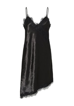 Rochie neagră din satin cu dantelă la margini, bretele subțiri și tiv asimetric.