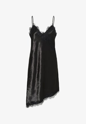 Rochie neagră din satin cu dantelă la margini, bretele subțiri și tiv asimetric.