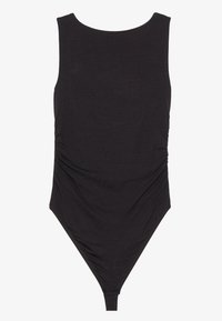 Body nero senza maniche con scollatura tonda, texture arricciata sui lati e fondo aderente e affusolato. Tessuto morbido, design minimalista.