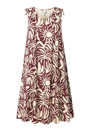 Robe sans manches en forme trapèze avec motifs abstraits de soleil et de feuilles bordeaux et crème, col en V et liens réglables aux épaules.