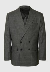 Dubbla knappar blazer i mörkgrå texturerad tyg med subtilt rutmönster, svarta knappar och notch-revers. Slät innerfoder.