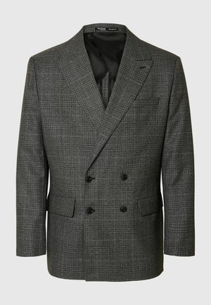 Dobbeltbrystet blazer i mørkegråt tekstureret stof med subtilt ternet mønster, sorte knapper og slåede revers. Glat inderside.