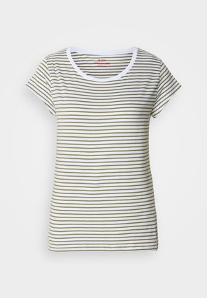 Ribaga T-särk pehmest puuvillast, millel on horisontaalsed valged ja oliivrohelised triibud, ümara kaelusega ja lühikeste varrukatega.