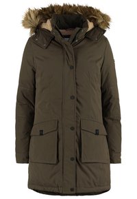 Dark green padded winter coat with fur-trimmed hood, front snap buttons, zipper closure, and two large flap pockets.