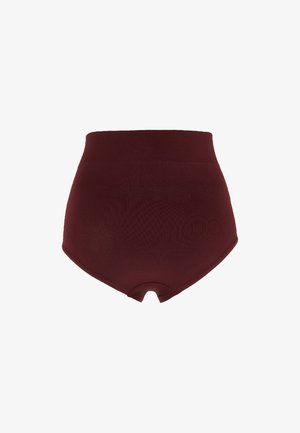 Højtaljet bordeaux trusse lavet af strækbart stof med en glat tekstur og uden synlige sømme. Runde benåbninger.