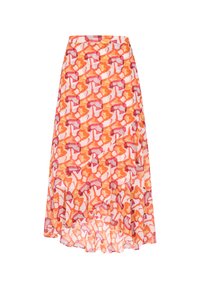 Een lange, vloeiende rok van een lichtgewicht, doorschijnende stof met een abstract patroon van oranje, roze en rode vormen op een crèmekleurige achtergrond.