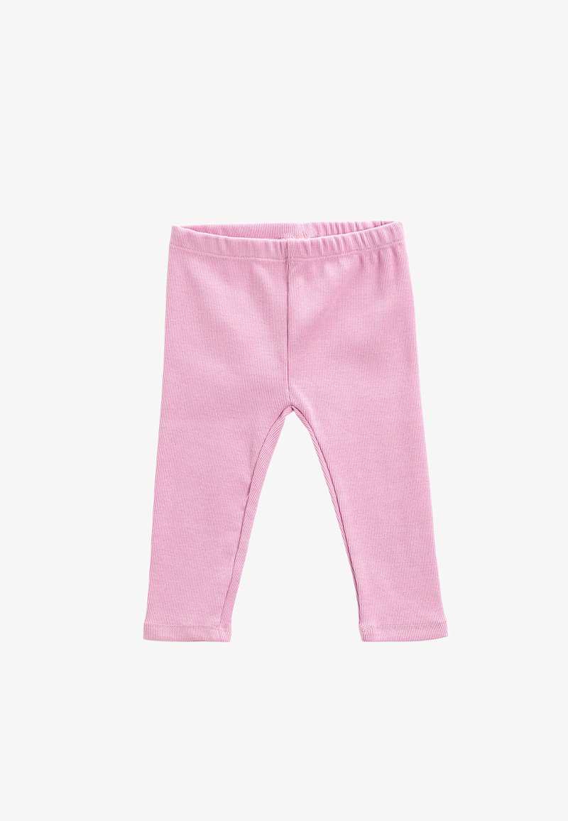 Roze geribbelde leggings met een elastische tailleband, een aansluitend ontwerp en iets toelopende enkels. Zachte textuur met zichtbare stikseldetails.