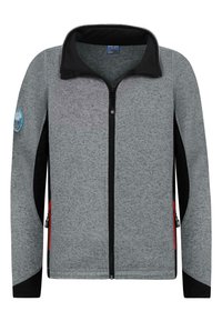 Grå fleecejacka med svarta detaljer, hög krage, hel dragkedja och två sidofickor med röda dragkedjor. Har en logo på ärmen.