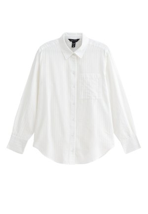 White button-up shirt with a pointed collar, long sleeves, vertical stripes, and a chest pocket. Fabric appears lightweight and textured.