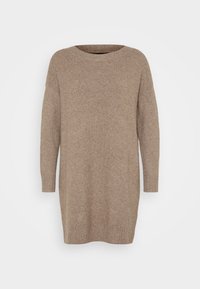 Vestuário vestido de malha bege com decote redondo, mangas longas e punhos canelados; textura suave e corte descontraído.