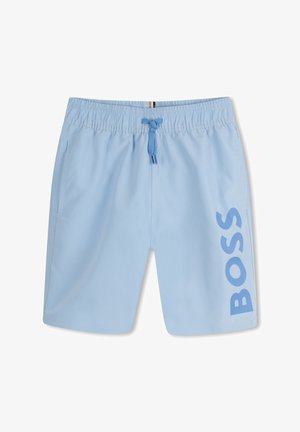 Lichtblauwe zwembroek gemaakt van synthetisch materiaal, met een elastische tailleband en een koordje, en een groot "BOSS" logo aan de zijkant.