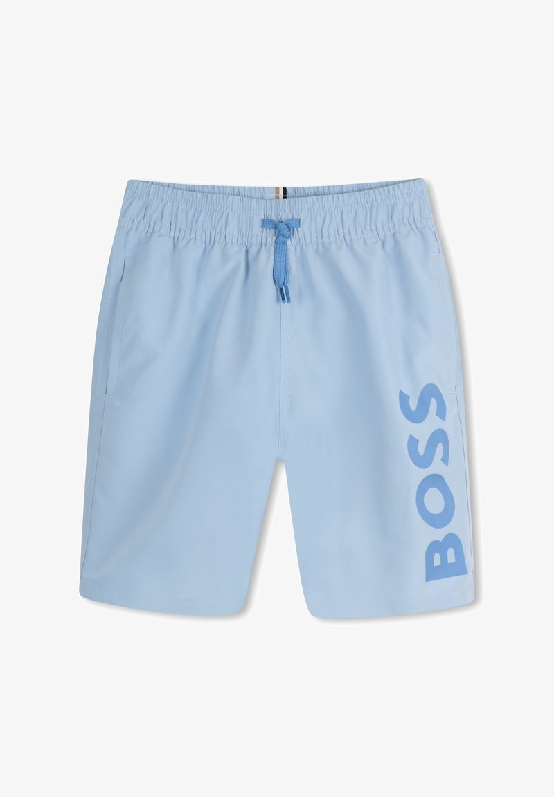 Ανοιχτό μπλε μαγιό φτιαγμένο από συνθετικό υλικό, με ελαστική μέση που διαθέτει κορδόνι και μεγάλο λογότυπο "BOSS" στο πλάι.