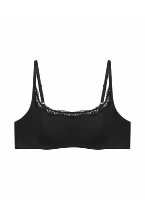 Czarny stanik z miękkiego materiału z koronkowym wykończeniem wokół dekoltu, regulowane ramiączka oraz bezszwowy krój dla wygody.