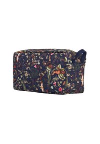 Borsa cosmetica rettangolare in un tessuto blu navy scuro, decorata con una stampa floreale e di animali colorata. Dotata di chiusura con zip e manico laterale.