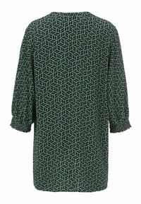 Groene jurk met een zwart geometrisch bladerenpatroon, voorzien van lange mouwen met schouderstukken en een ronde halslijn.