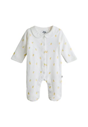 Biele dojčenské body s dlhým rukávom a nožičkami, žltý vzor citrónov, patentky vpredu a zaoblený golier.