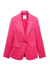 Felroze blazer met reverkraag, enkele knoopsluiting, twee voorzakken en een gestructureerde stof. De binnenkant heeft een gladde voering.