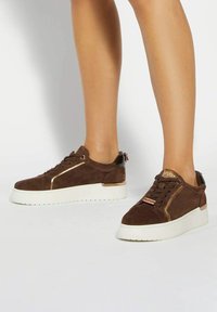 Brown suede sneakers with white rubber soles, featuring metallic accents, a lace-up front, and a subtle pattern on the sides.