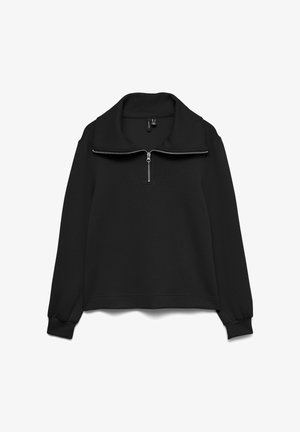 Crna majica s kapuljačom od mekanog materijala, s visokim ovratnikom, poluzipom sprijeda i pristajućim manšetama. Jednostavan, minimalistički dizajn bez uzoraka.