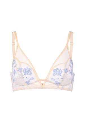 Soutien-gorge en dentelle beige avec broderies florales bleu clair, cups triangulaires, bretelles réglables et fermeture à crochet à l'avant.