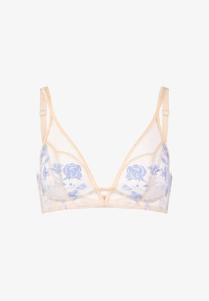Soutien-gorge en dentelle beige avec broderies florales bleu clair, cups triangulaires, bretelles réglables et fermeture à crochet à l'avant.