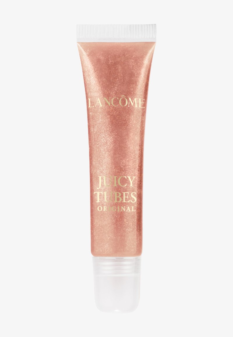 Tube de gloss à lèvres Lancôme Juicy Tubes couleur pêche brillante avec bouchon blanc à vis et texte doré sur le devant.