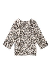Blusa stampata con scollatura a V e maniche 3/4. Il design presenta motivi astratti di foglie nere e marroni su uno sfondo crema. Materiale in cotone.