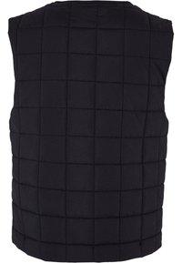Veste noire rembourrée avec un motif matelassé, présentant un design sans manches et une texture lisse sur le tissu.