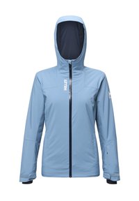 Light blue weather-resistant jacket with a hood, full front zipper, and long sleeves. Features logo on chest and elastic cuffs for snug fit.
