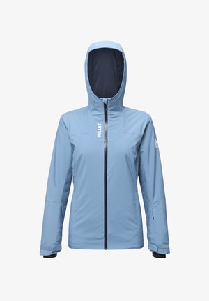 Light blue weather-resistant jacket with a hood, full front zipper, and long sleeves. Features logo on chest and elastic cuffs for snug fit.