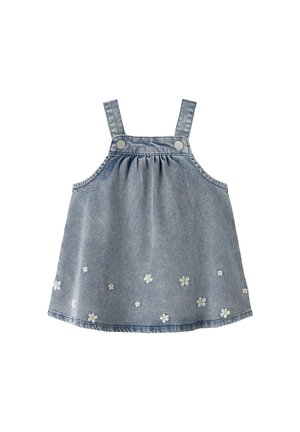 Robe en denim pour tout-petit avec bretelles et petite broderie de marguerites blanches le long de l'ourlet.