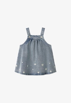 Robe en denim pour tout-petit avec bretelles et petite broderie de marguerites blanches le long de l'ourlet.