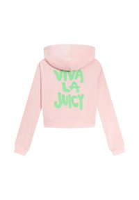Ružový skrátený mikinový sveter s mäkkou textúrou, s veľkým zeleným nápisom "VIVA LA JUICY" na chrbte a so sťahovacou kapucňou.