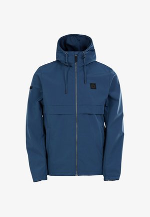 Veste imperméable bleue avec une fermeture éclair à l'avant, capuche réglable et poignets élastiques. Comprend un patch logo noir sur la poitrine.