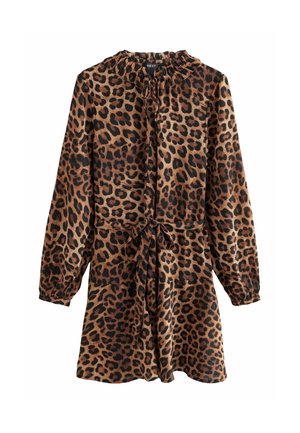 Langärmliges Kleid mit Leopardenmuster, Knopfleiste vorne, elastischem hohem Kragen, Taillengürtel und gerafften Bündchen.