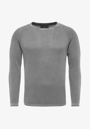 Maglione grigio a maniche lunghe con un motivo a maglia texturizzato, scollo rotondo e polsini e orlo a costine.