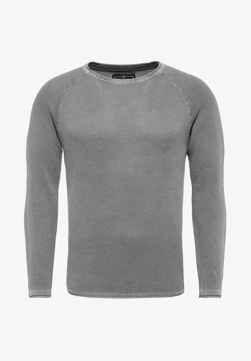 Grauer Langarmpullover mit strukturiertem Strickmuster, Rundhalsausschnitt und gerippten Bündchen und Saum.