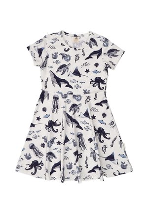 White short-sleeve dress with navy and light blue marine animals print including whales, turtles, octopuses, jellyfish, and fish.