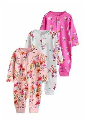 Drei Baby-Strampler mit Blumenmuster in Rosa, Weiß und leuchtendem Pink, jeweils mit langen Ärmeln und Reißverschlüssen vorne.