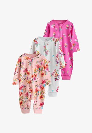 Kolm lillemustriga imikute pükstekomplekti roosakas, valges ja erkroosas värvitoonis, kõik pikade varrukatega ja esiküljel tõmblukuga.