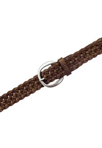 Brązowy pleciony pasek ze skóry z okrągłą srebrną klamrą i skórzaną pętlą. Teksturowane wykończenie z misternym, plecionym wzorem.